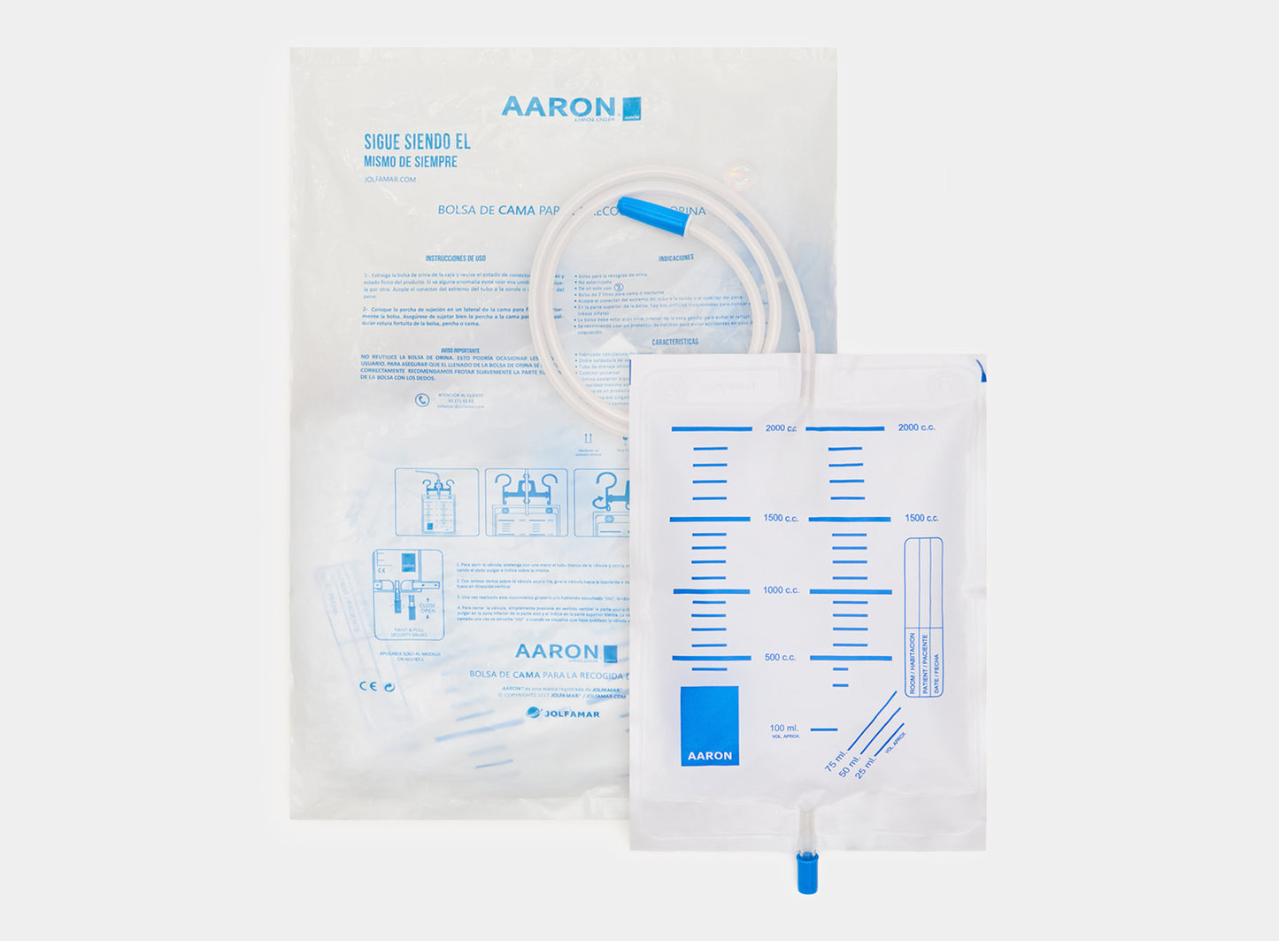 Bolsa de orina AARON® 2 litros con VAR, ASA y válvula de salida 30 unidades. Tubo 120 cm - AARON