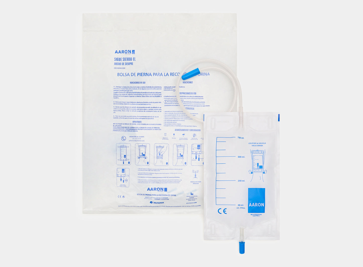 Bolsa de orina AARON® 750 ml para pierna con VAR y válvula de salida. 20 unidades. - AARON